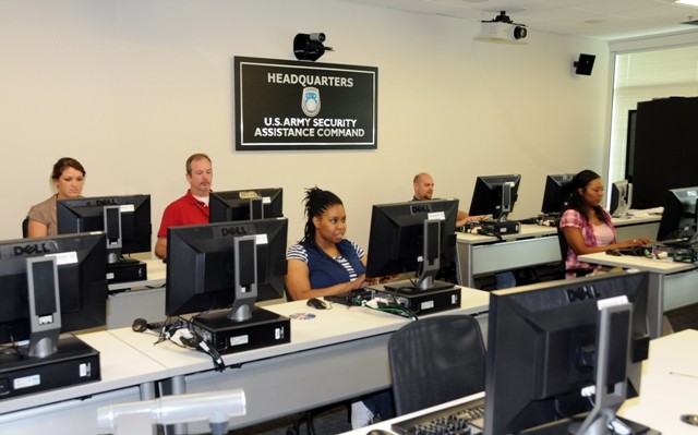 U.S. Army Security Assistance Command employees are shown in the training room at the new headquaters facility.