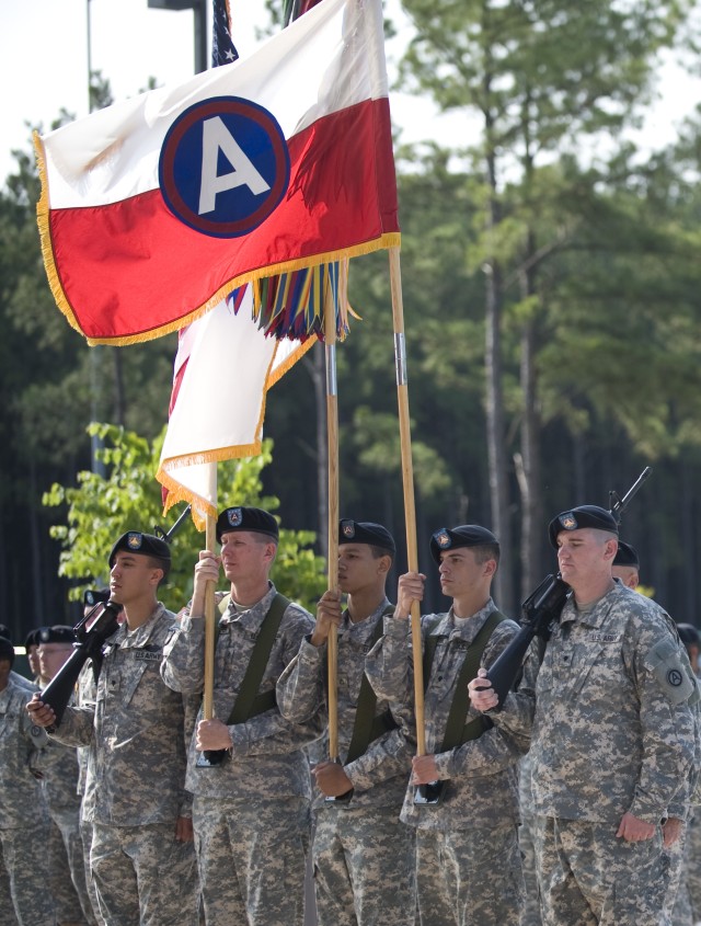 Third Army colors fly during uncasing ceremony