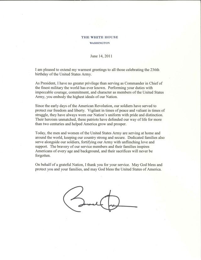 236th Army Birthday Presidential greeting
