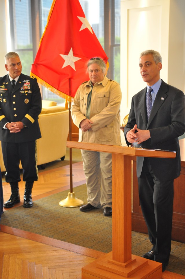 Chicago Mayor Rahm Emanuel address the crowd at Pritzker Military Library