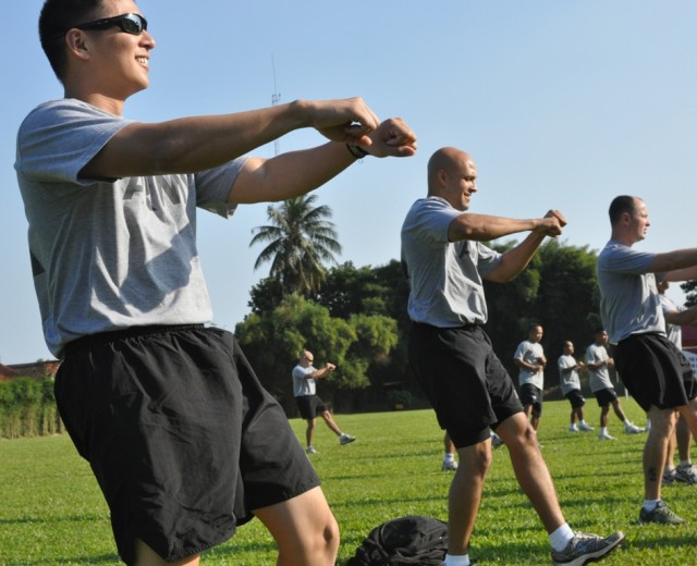 .S. and Indonesian Soldiers participate in aerobics