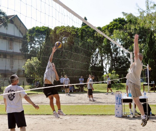 US and Indonesian Soldiers engage in a volleyball match
