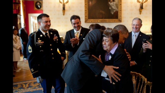 President Barack Obama hugs Bertha Petry