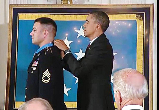 Sergeant First Class Leroy Arthur Petry, U.S. Army, waits to receive his  Medal of Honor from U.S. President Barack Obama for his heroic actions in  Afghanistan in May, 2008, during a ceremony