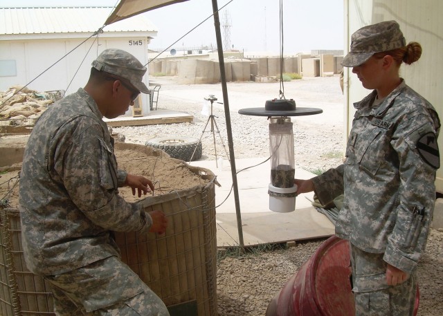 Soldiers inspect an insect trap