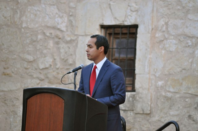 San Antonio Mayor Julian Castro welcomes the audience to the city's commemoration of the 10-year anniversary of 9/11, held at the Alamo Sunday morning.
