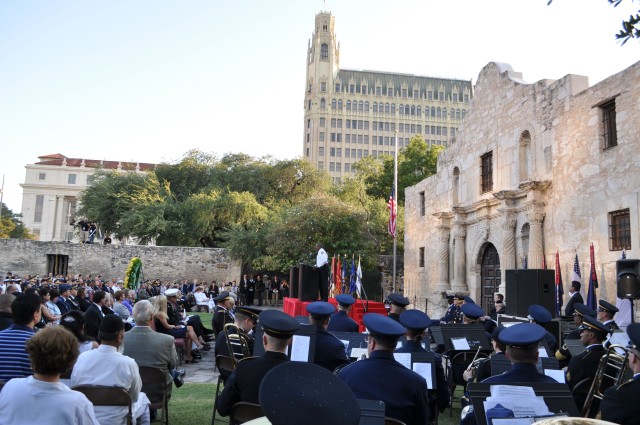 San Antonio Fire Department Chief Charles Hood speaks on the theme of sacrifice during the city's commemoration of the 10th anniversary of 9/11.