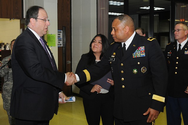 President, Village of Buffalo Grove, Jeffrey S. Braiman, meets The Commanding General of the 85th Support Command, Brig. Gen. Gracus Dunn