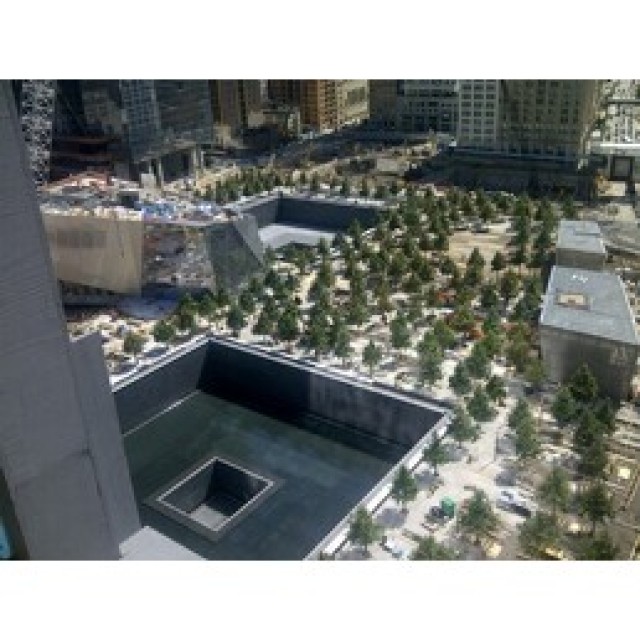A view of the both reflecting pools at the National September 11 Memorial at ground zero in New York.