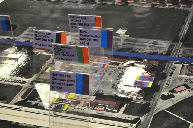 Tabs mark IMCOM's new home on Fort Sam Houston on a model displaying all the BRAC 2005 projects across Joint Base San Antonio during a press conference Sept. 14.