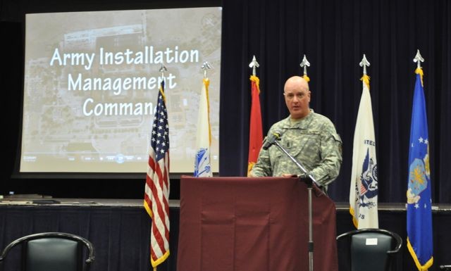 IMCOM Command Sgt. Maj. speaks during a press conference on BRAC 2005 success in San Antonio