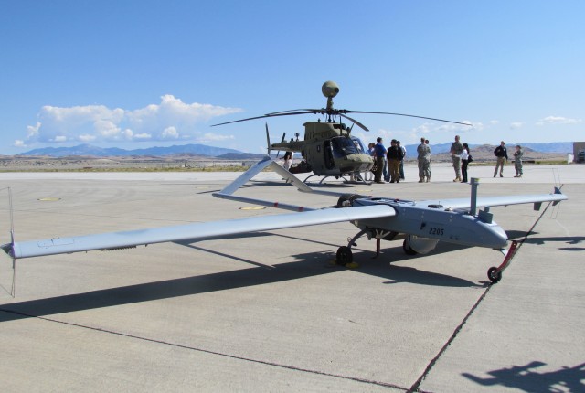 The Shadow Unmanned Aircraft System Shares The Spotlight With The OH-58D Kiowa Warrior Helicopter