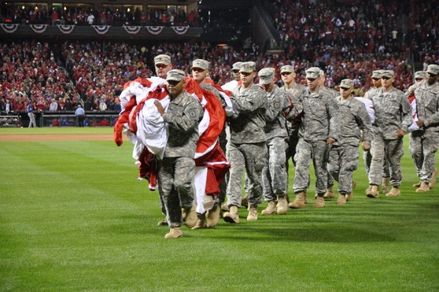 Fort Leonard Wood Soldiers unfurl colors at Game 1 of the 2011 World Series