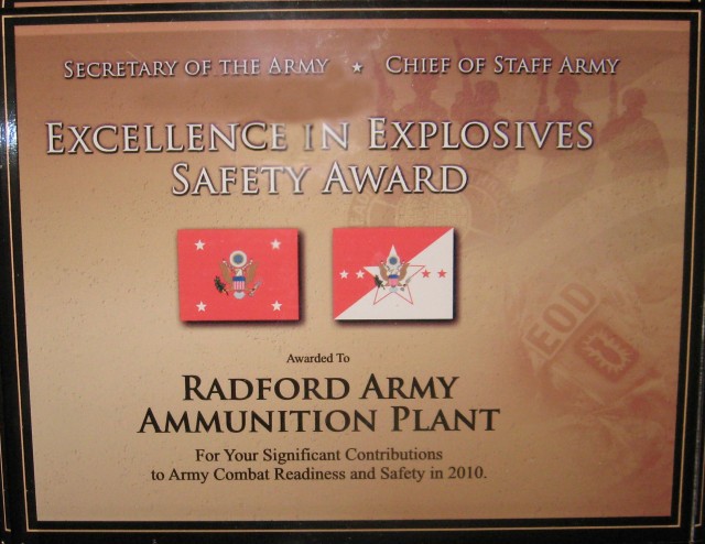 Radford Army Ammunition Plant Receives FY 10 Army Excellence in Explosive Safety Award