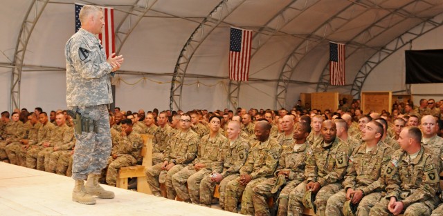 Sgt. Maj. of the Army holds town hall meeting with Regional Command South Soldiers