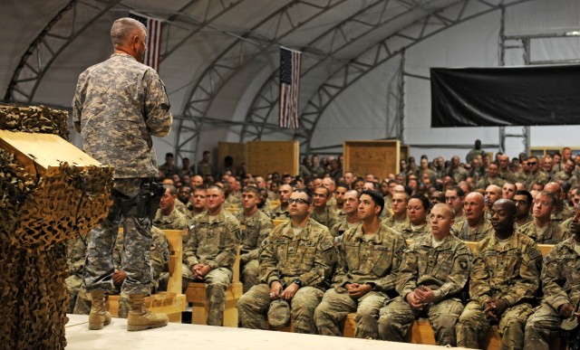 Sgt. Maj. of the Army holds town hall meeting with Regional Command South Soldiers