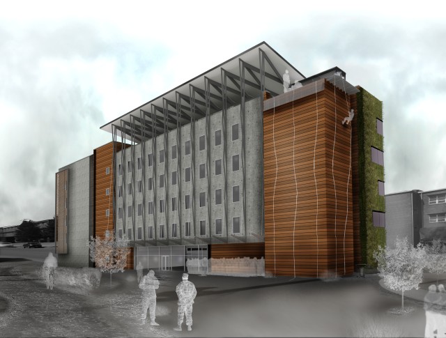 Rendering of  hyper-efficient redesign for the Basic Training Company Operations Facility at Fort Leonard Wood, Mo