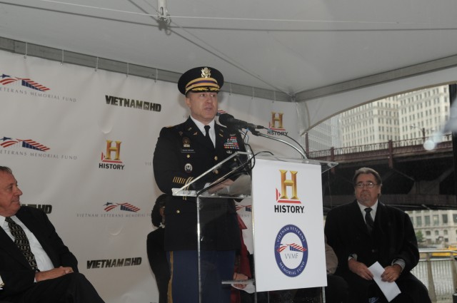 Lt. Col. Joe Edstrom give remarks in History Channel 'Call for Photos' campaign