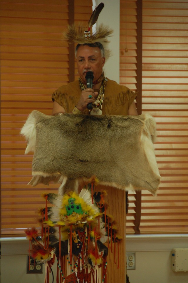 Wayne Adkins, assistant chief of the Chickahominy Tribe, speaks at Fort A.P. Hill