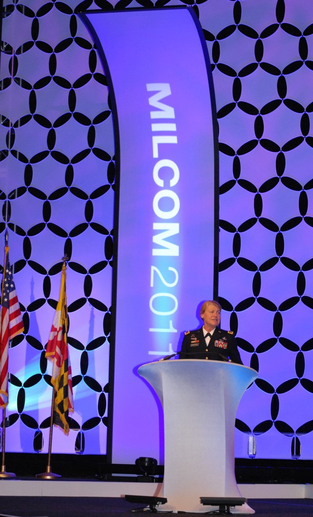 Gen. Anne E. Dunwoody, commander of the U.S. Army Materiel Command addresses the attendees of MILCOM 2011.