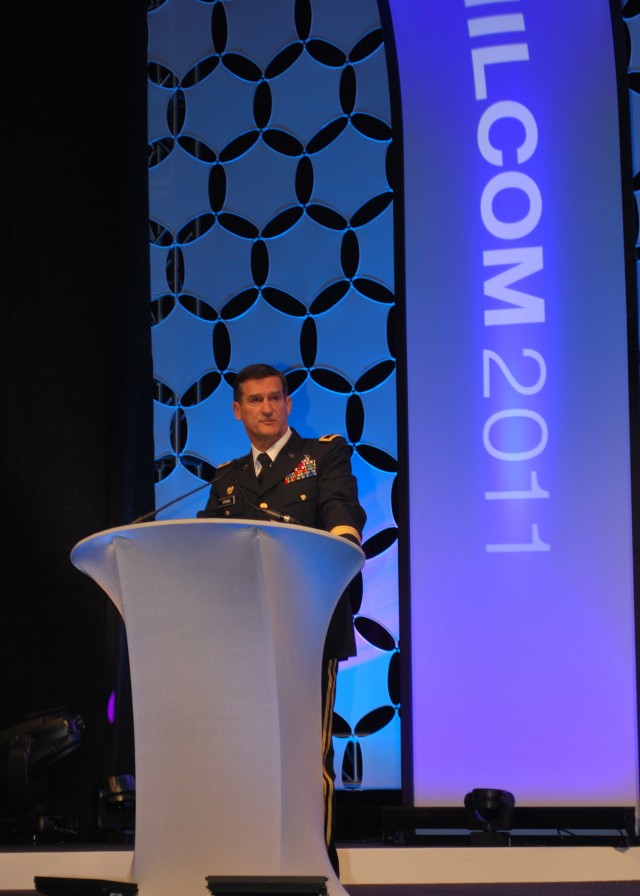 Maj.Gen. Randolph P. Strong commander of CECOM addresses the attendees of MILCOM 2011.