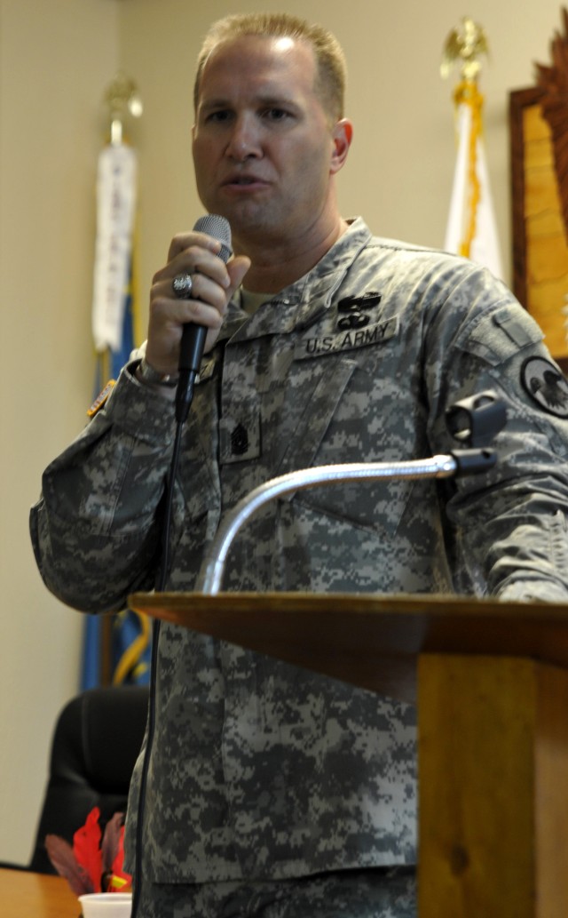 Command Sergeant Major greets troops