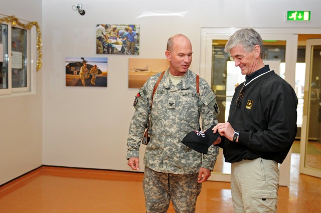 Secretary of the Army receives a gift from Kandahar Airfield's Role 3 hospital