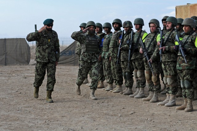 Afghan National Army 205th Corps Command Sgt. Maj. Kafayatullah visits soldiers in Zabul