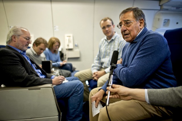 Panetta conducts airborne press conference
