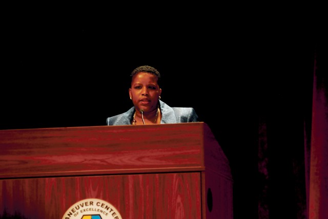 Retired Lt. Col. Shatrece Buchanan speaks at the Black History Month Observance 