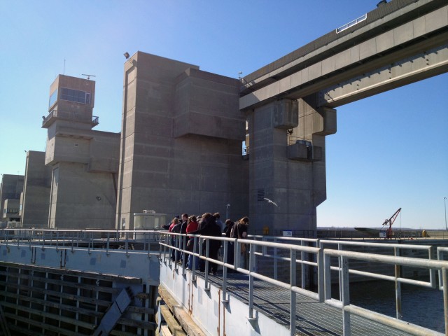 On top of the miter gates at the Corps of Engineer's Melvin Price Locks and Dam
