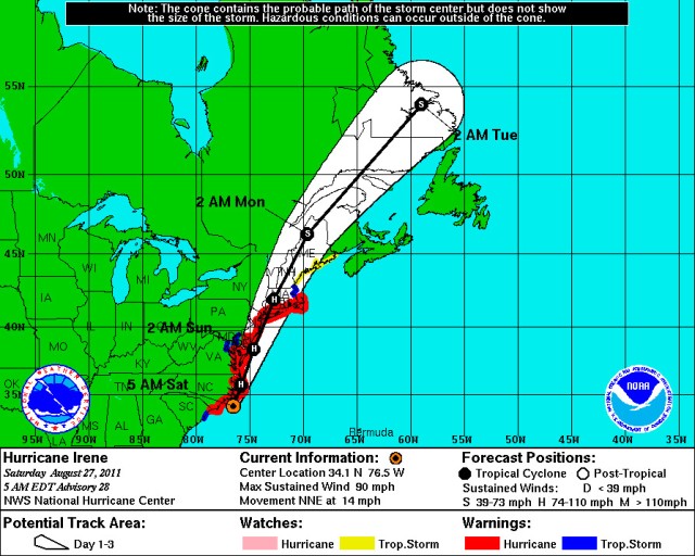 Hurricane Irene projected track as of 5 a.m., Aug. 27, 2011