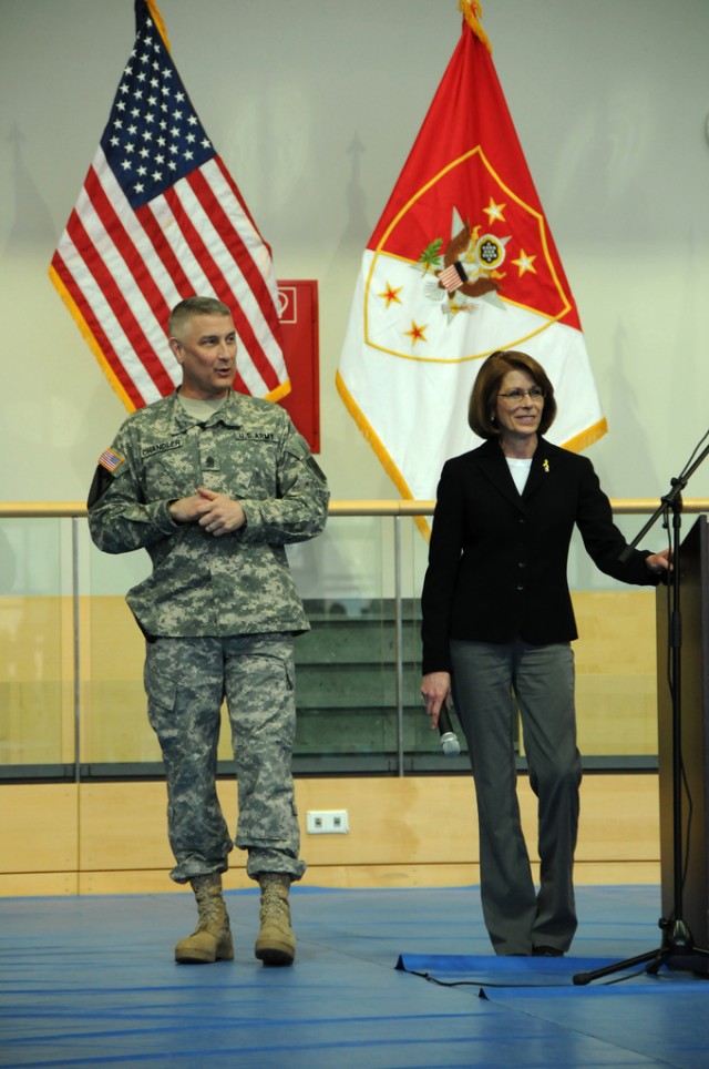 Sgt. Maj. of the Army Raymond F. Chandler III and wife, Mrs. Jeanne Chandler, host a Town Hall meeting at the Grafenwoehr Community Fitness Center, Grafenwoehr Military Community, Germany on March 6,