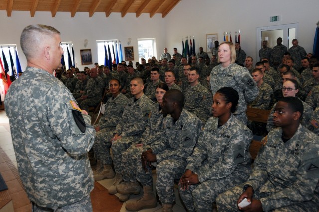 Sgt. Maj. of the Army Raymond F. Chandler III speaks with Soldiers during a question and answer session at Rose Barracks in Rose Barracks, Germany, March 6, 2012