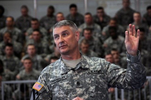 Sgt. Maj. of the Army Raymond F. Chandler III hosts a Town Hall meeting at the Grafenwoehr Community Fitness Center, Grafenwoehr Military Community, Germany on March 6, 2012.