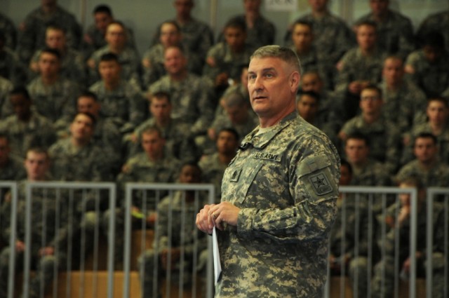 Sgt. Maj. of the Army Raymond F. Chandler III hosts a Town Hall meeting at the Grafenwoehr Community Fitness Center, Grafenwoehr Military Community, Germany on March 6, 2012
