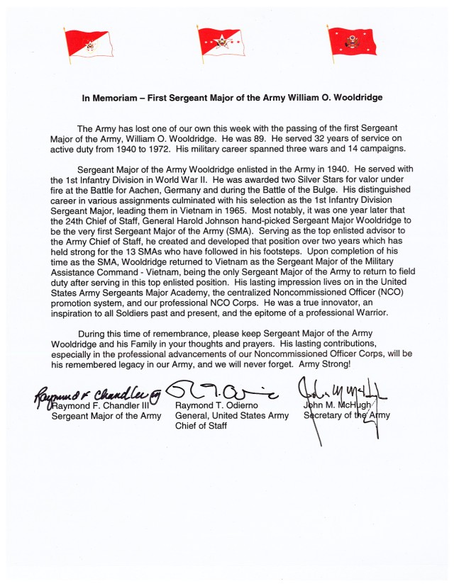 First Sergeant Major of the Army William O. Wooldridge tri-signed letter