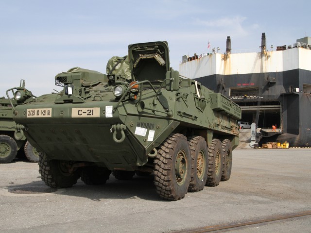 Eighth Army off-loads Strykers in South Korea