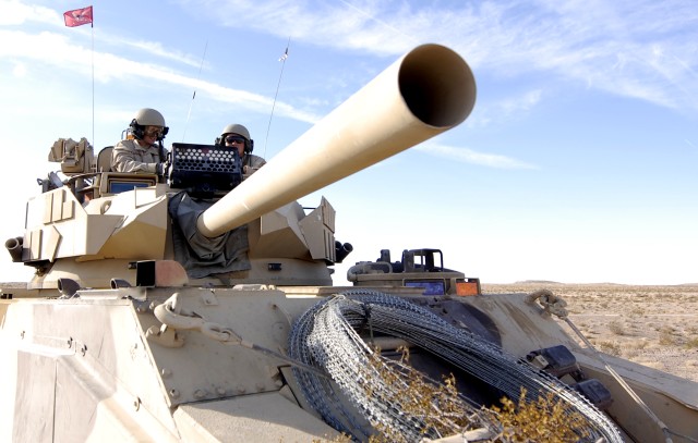 Opposing Force Surrogate Vehicle in preparation for an upcoming engagement with 3rd Brigade, 3rd Infantry Division during the Decisive Action Rotation at Fort Irwin, Calif.,