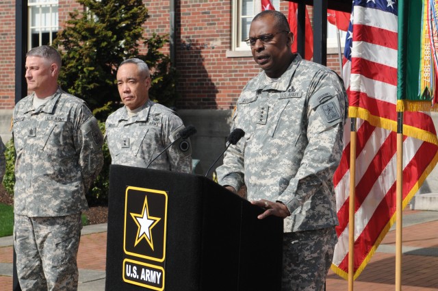 General Lloyd Austin III speaks at a press conference, JBLM