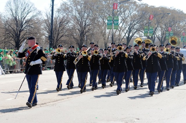 The 484th Army Band marches in the Chicago St. Patrick's Day Parade