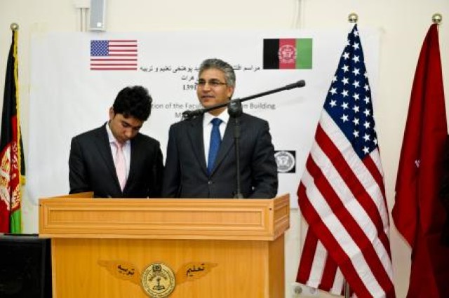 Herat Provincial Governor Dr. Daud Saba speaks the turnover of the teacher training facility at Herat University