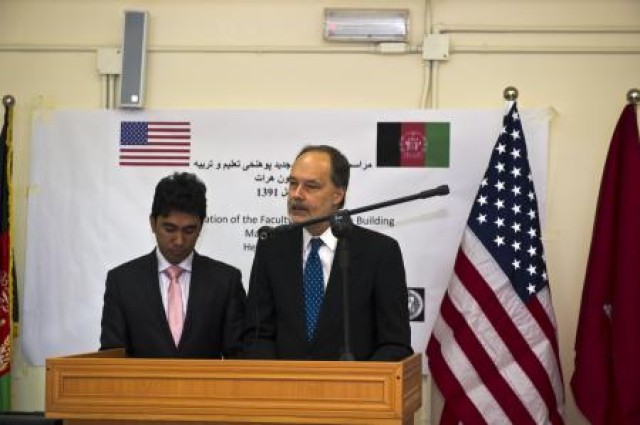 US Deputy Ambassador to Afghanistan James Cunningham speaks at a ceremony to open a teacher training facility at Herat University