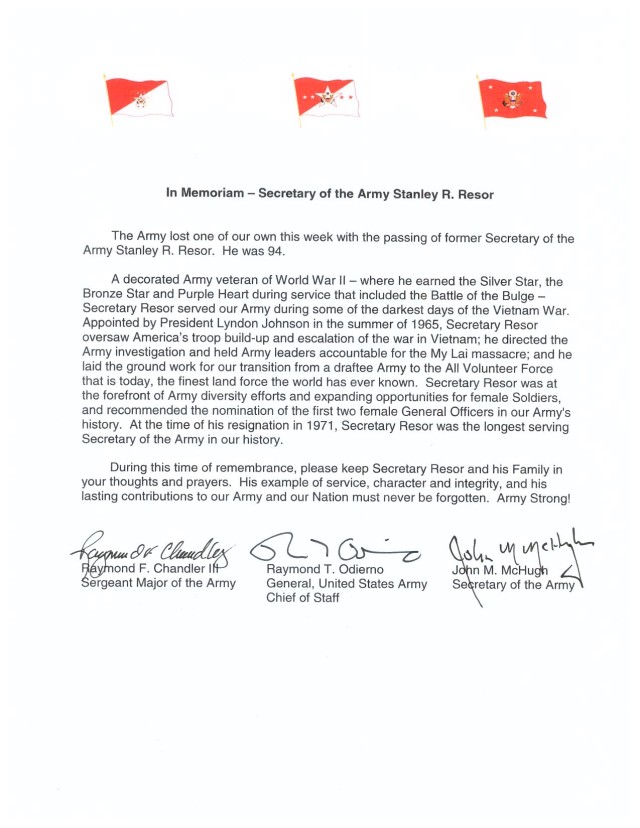Secretary of the Army Resor tri-signed letter