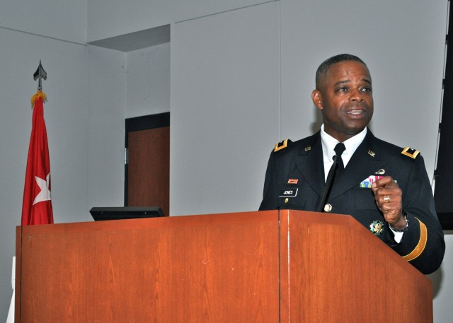 Maj. Gen. Reuben D. Jones, deputy commanding general for operations of the Army Installation Management Command, speaks to cadets commissioning through Jackson State University's Army Reserve Officer 