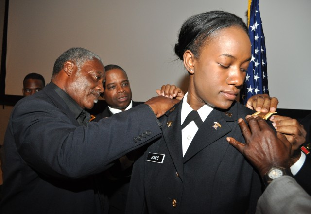 Maj. Gen. Reuben D. Jones, deputy commanding general for operations of the Army Installation Management Command, speaks to cadets commissioning through Jackson State University's Army Reserve Officer