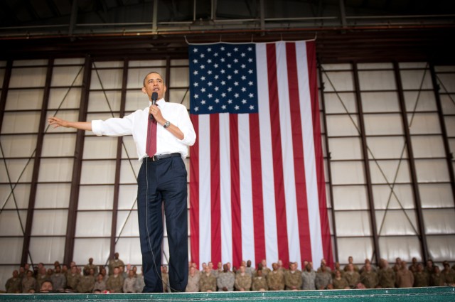 President Obama speaks to troops on Bagram Air Field