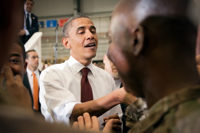 President Barack Obama greets U.S. troops at Bagram Air Field