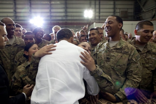 President Barack Obama greets U.S. troops at Bagram Air Field