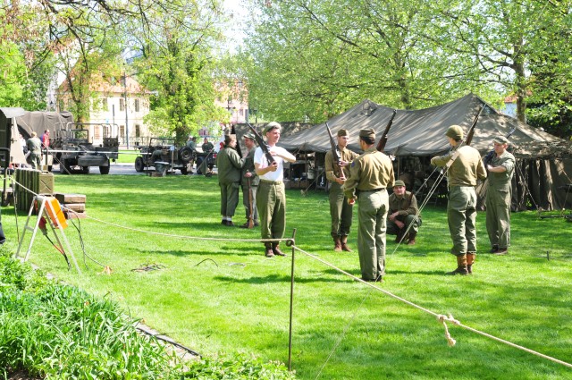 Czech reenactors practice rifle drills at Pilsen Liberation Festival